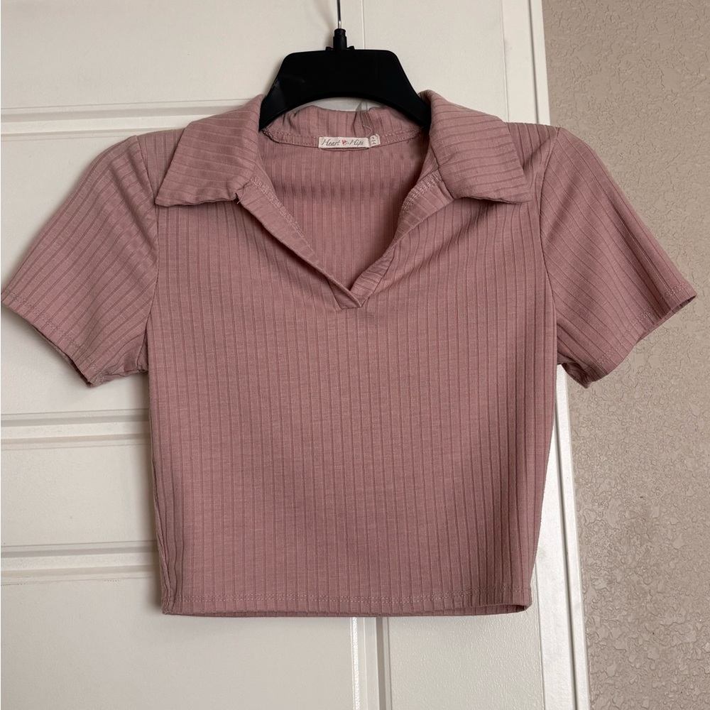 Heart Hips Ribbed Pink Polo Crop Top